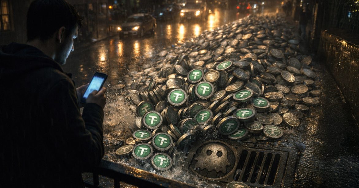 Pile of stablecoins spilling into a city storm drain as a trader checks a phone in the rain, symbolizing how a single crypto swap mistake can drain nearly all funds while trading bots capture the remaining value