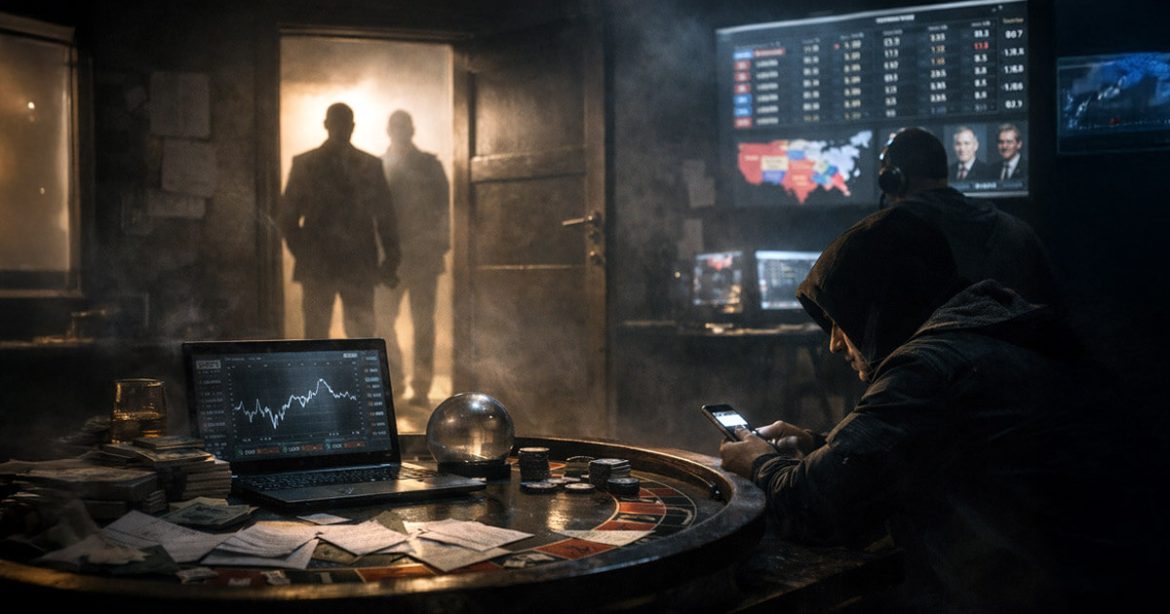 Trader using a phone at a betting table with market charts on screens as shadowy figures enter the room, illustrating insider risks and manipulation concerns in prediction markets acknowledged by the CFTC