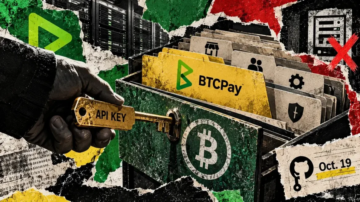Editorial collage of a hand inserting an API key into a Bitcoin-marked filing cabinet containing BTCPay folders and server access symbols.